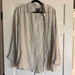 Jones & Company Light white and blue Striped Linen-Blend Open Shirt Jacket